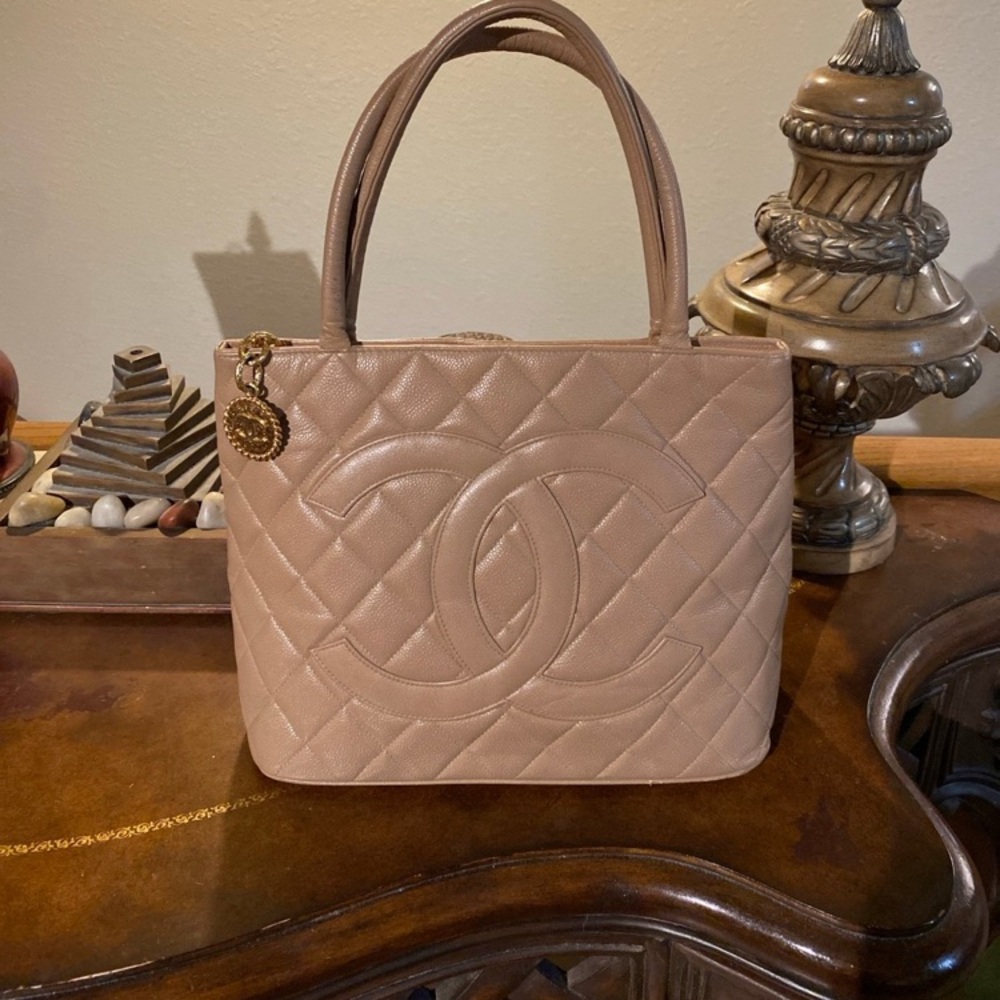 Chanel Tan/Taupe Caviar leather (vintage) Medallion Tote: Gold Hardware-COA